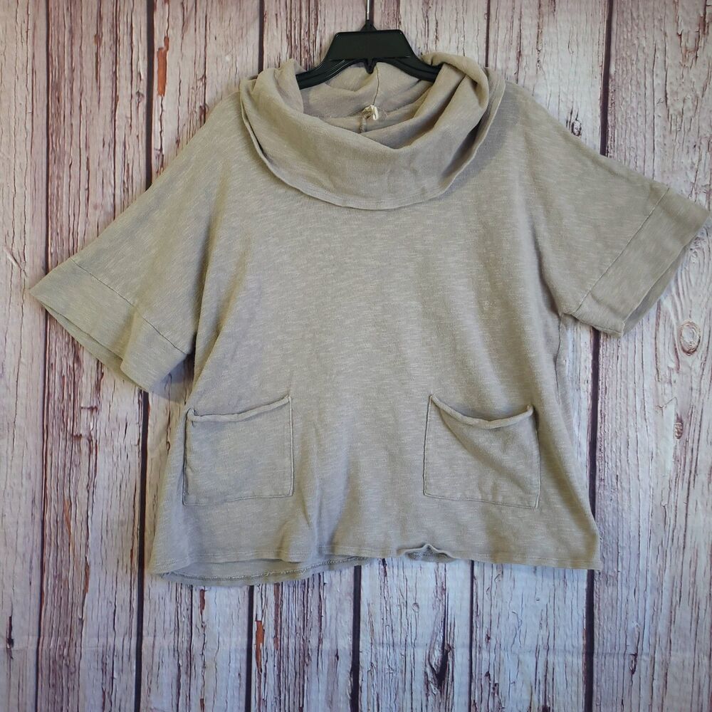 Chalet Womens M/L Beige USA Draped Cowl Neck Short Sleeve Chire Pockets